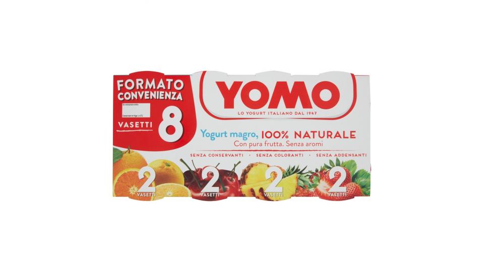 Yomo, yogurt 100% Naturale zero grassi agrumi di Sicilia/ciliegie e amarene/ananas/fragole