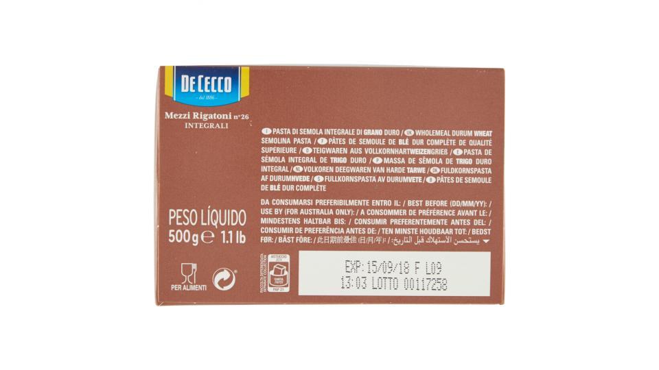 De Cecco Mezzi Rigatoni n° 26 Integrali