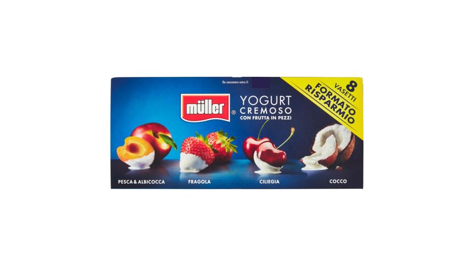 müller Yogurt Cremoso con Frutta in Pezzi Pesca & Albicocca, Fragola, Ciliegia, Cocco