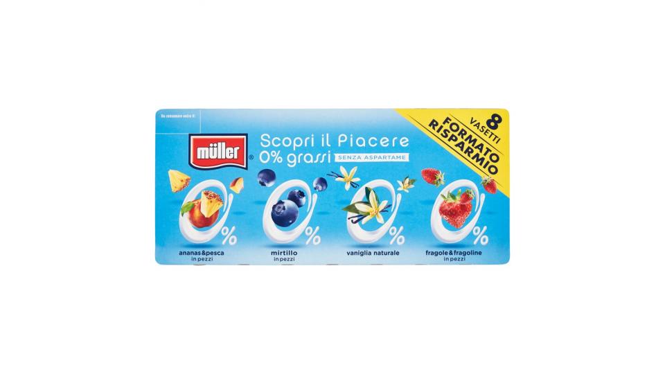 müller 0% ananas & pesca, mirtillo, fragole & fragoline in pezzi, vaniglia naturale