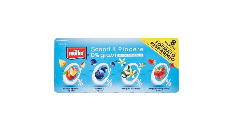 müller 0% ananas & pesca, mirtillo, fragole & fragoline in pezzi, vaniglia naturale