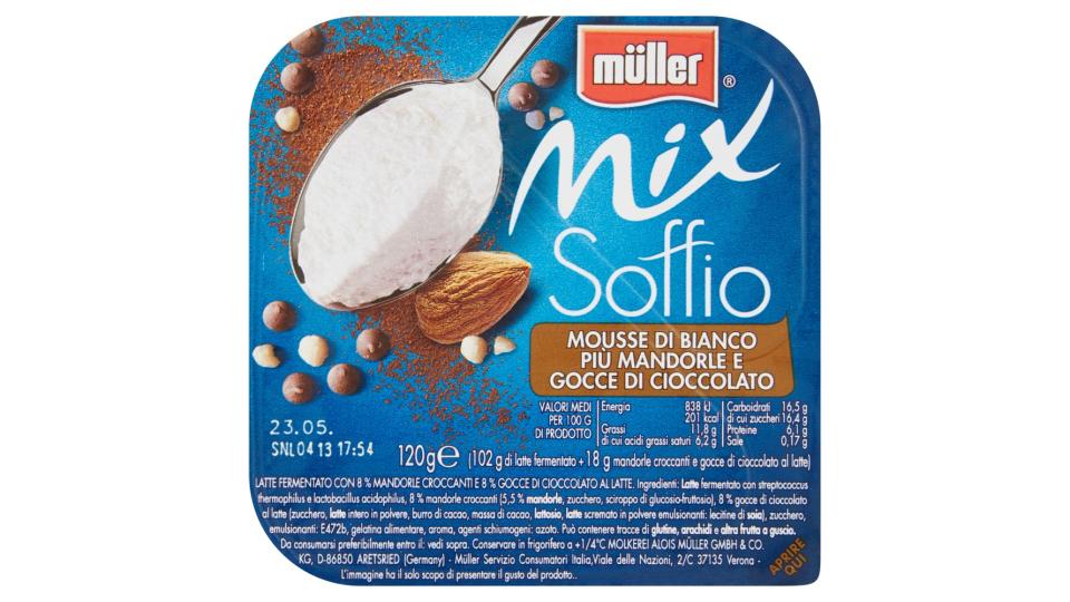 Müller, Mix Soffio mousse di bianco più mandorle e gocce di cioccolato