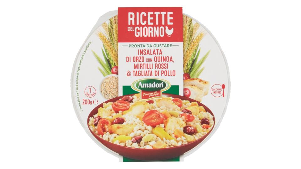 Amadori Ricette del Giorno Insalata di Orzo con Quinoa, Mirtilli Rossi & Tagliata di Pollo