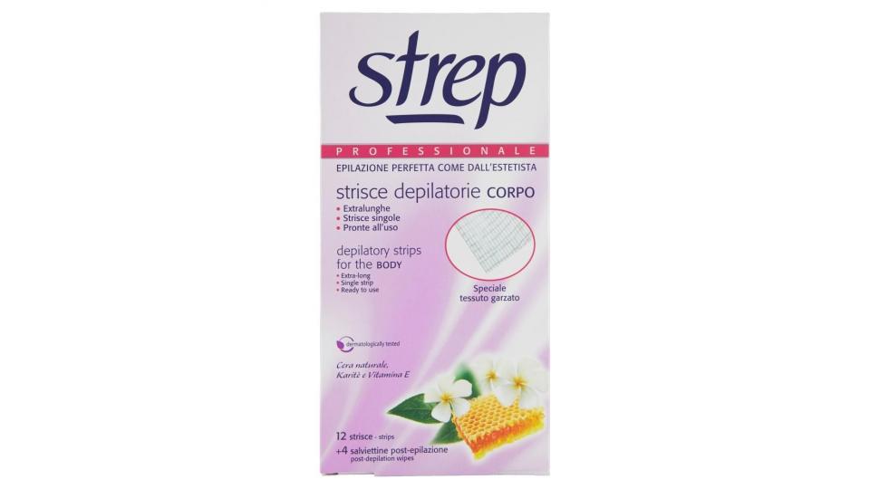 Strep Professionale Strisce Depilatorie Corpo 12 Strisce + 4 Salviettine Post-epilazione