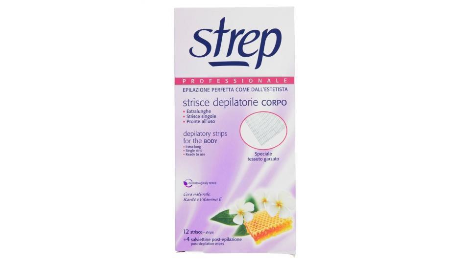 Strep Professionale Strisce Depilatorie Corpo 12 Strisce + 4 Salviettine Post-epilazione