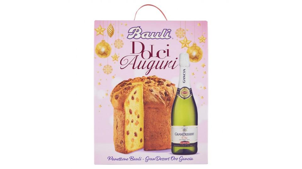 Bauli Dolciauguri, la confezione contiene 1 panettone Baulirammi, 1 bottiglia GranDessert Oro Gancia 75 cl