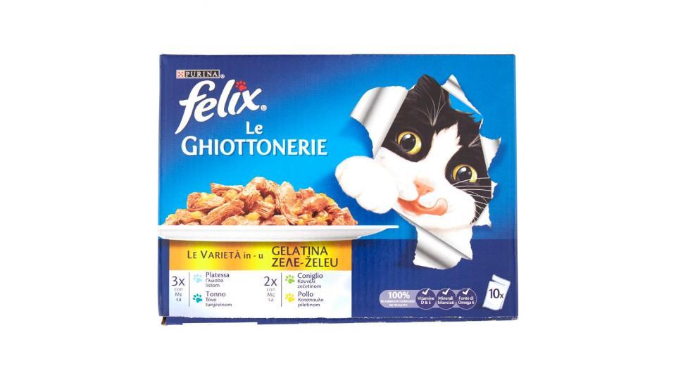 Purina, gatto Felix Le Ghiottonerie le varietà in gelatina platessa tonno coniglio pollo