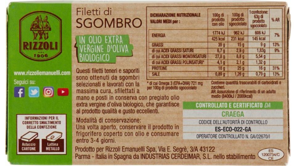Rizzoli, filetti di sgombro in olio extra vergine di oliva biologico