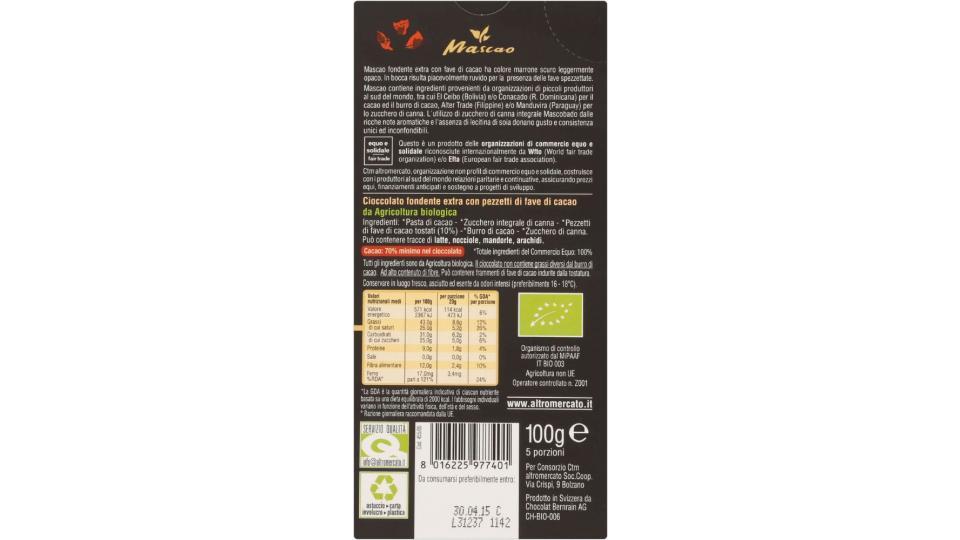 Altromercato Bio, Mascao fondente extra 70% fave di cacao