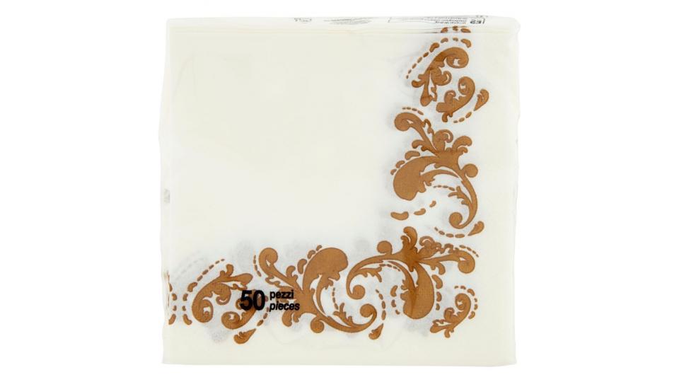 Tovaglioli di carta, colore bianco con arabesco oro, misura 25x25 cm