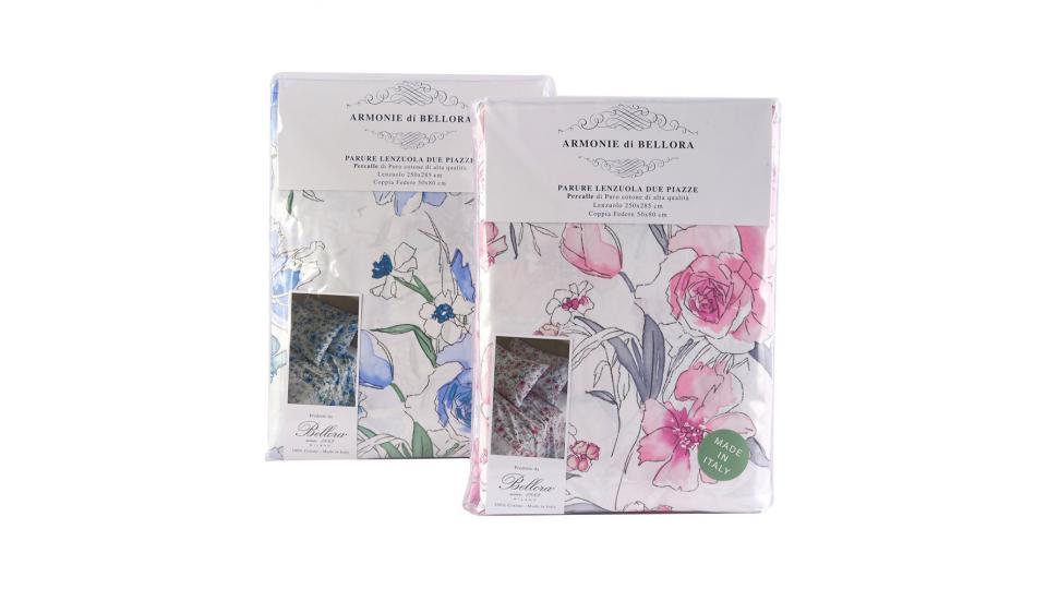 Armonie di Bellora Parure Lenzuolo Crayon matrimoniale in percalle di puro cotone stampato, composta da: lenzuolo misura 250x285 cm e coppia di federe misura