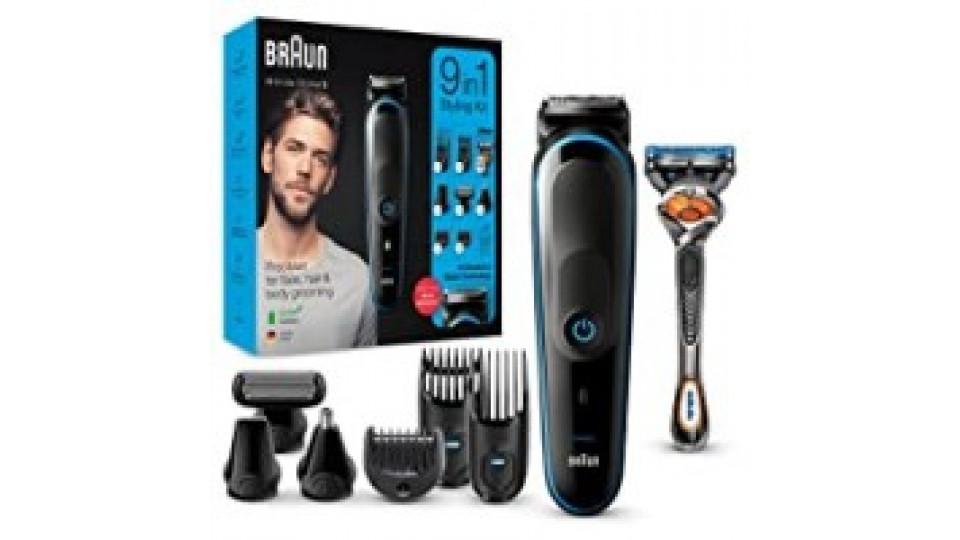 Braun Tutto-In-Uno 5 MGK5280 Rifinitore 9-In-1 Nero/Blu, Regolabarba Uomo, Tagliacapelli e Rifinitore Corpo con Tecnologia AutoSense e 7 Accessori, confezione con 85% di Plastica in Meno, Nero/Blu