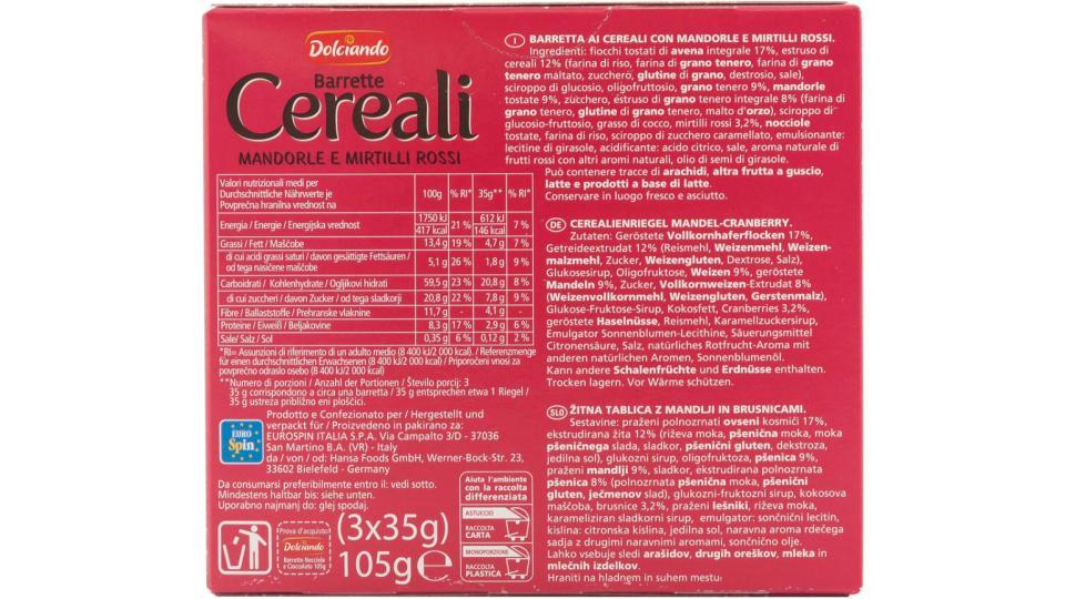 Barrette Cereali Mandorle e Mirtilli 3 Pz