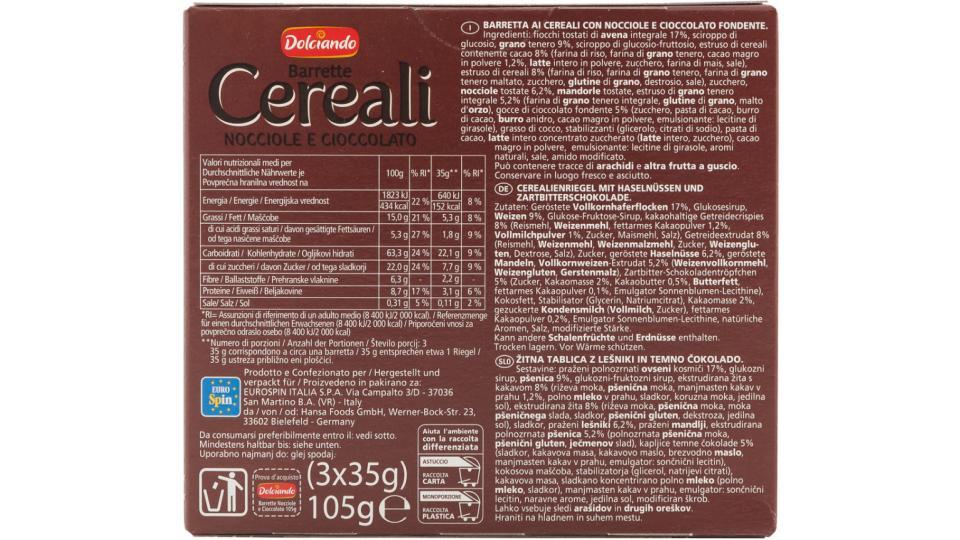 Barrette Cereali Nocciola e Cioccolato 3 Pz