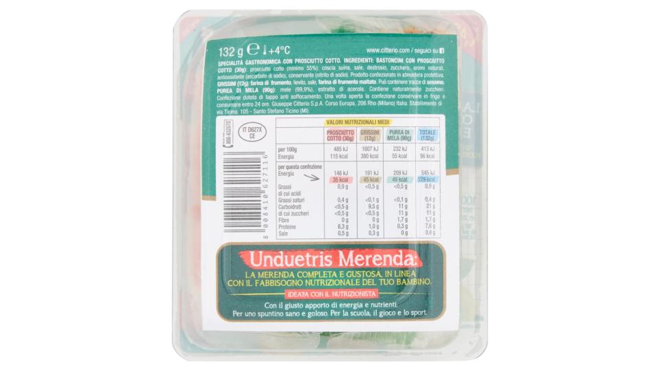 un Due Tris! Merenda 90g di Purea di Mela + Bastoncini con Cotto + Croccanti Grissini
