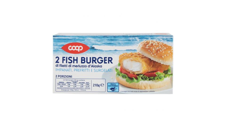 2 Fish Burger di Filetti di Merluzzo d'Alaska Impanati, Prefritti e Surgelati