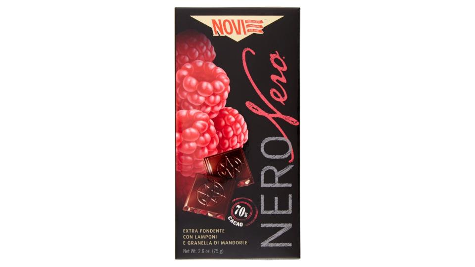 Novi NeroNero 70% Cacao Extra Fondente con Lamponi e Granella di Mandorle