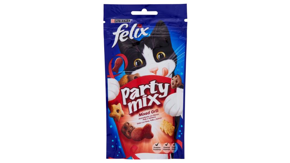 PURINA FELIX Party Mix Snack Gatto Mixed Grill Aromatizzato con Manzo, Pollo e Salmone busta