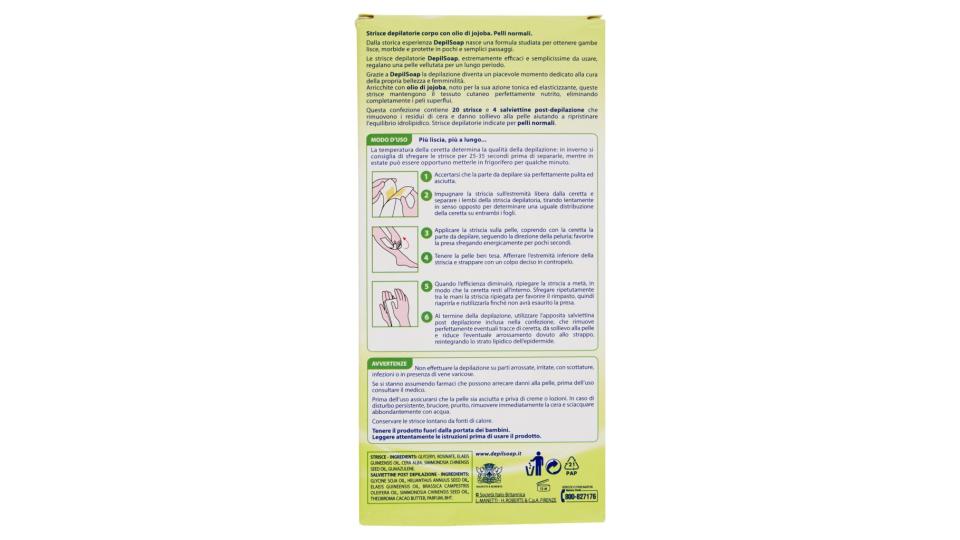 Strisce Depilatorie Corpo Pelli Normali 20 Strisce + 4 Salviettine
